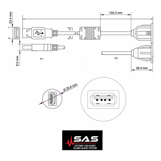 Przedłużacz USB Ampire XUB060 Przedłużacz USB 2.0 z zainstalowanym gniazdem i uchwytem 60cm.